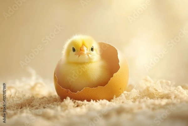 Fototapeta A charming yellow chick hatching from its egg surrounded by soft bedding and warm light