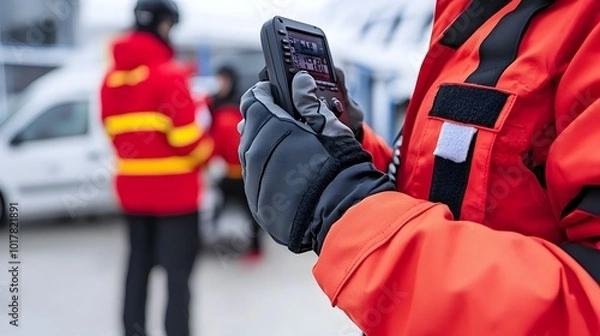 Fototapeta Close-up of a first responder wearing gloves, holding a communication device.
