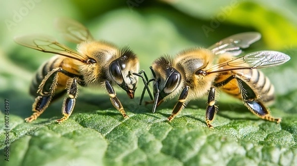 Fototapeta Two Honey Bees Facing Each Other on a Green Leaf