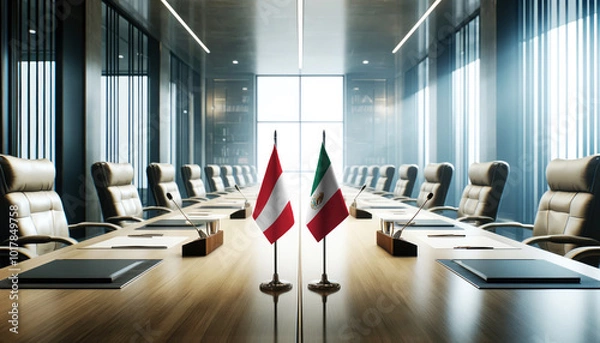 Fototapeta A modern conference room with Peru and Mexico flags on a long table, symbolizing a bilateral meeting or diplomatic discussions between the two nations.