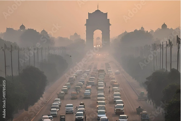 Fototapeta Delhi air pollution, India Gate smog, Urban traffic in Delhi, Smoggy morning at India Gate, Air pollution in New Delhi, Traffic congestion and pollution, Hazy skyline of Delhi Stock Photo.