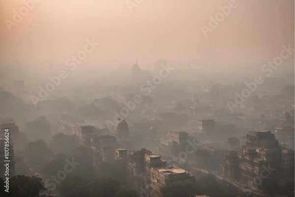 Fototapeta Delhi air pollution, India Gate smog, Urban traffic in Delhi, Smoggy morning at India Gate, Air pollution in New Delhi, Traffic congestion and pollution, Hazy skyline of Delhi Stock Photo.