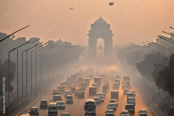 Fototapeta Delhi air pollution, India Gate smog, Urban traffic in Delhi, Smoggy morning at India Gate, Air pollution in New Delhi, Traffic congestion and pollution, Hazy skyline of Delhi Stock Photo.