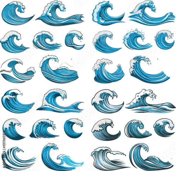 Fototapeta Vector Illustration of Set Blue Sketch Ocean Waves
