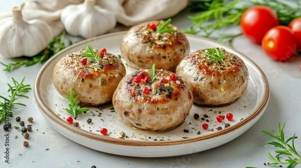 Fototapeta These savory stuffed mushrooms are beautifully presented on a plate, brimming with a flavorful stuffing and garnished with herbs and colorful spices for added charm.