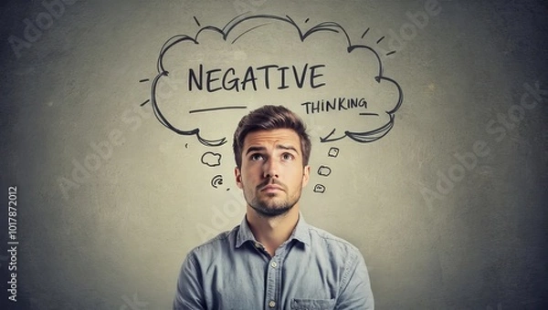 Fototapeta Man Contemplating Negative Thoughts in a Thought Bubble