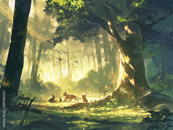 Fototapeta 森の中で遊ぶ動物たち