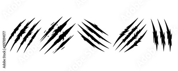 Fototapeta animal claw scratch mark or nail scratch logotype icon set isolated. vector eps icon set for tiger, lion, wolf, bear animal attack warning sign. danger, wilderness, danger, horror, scary concept