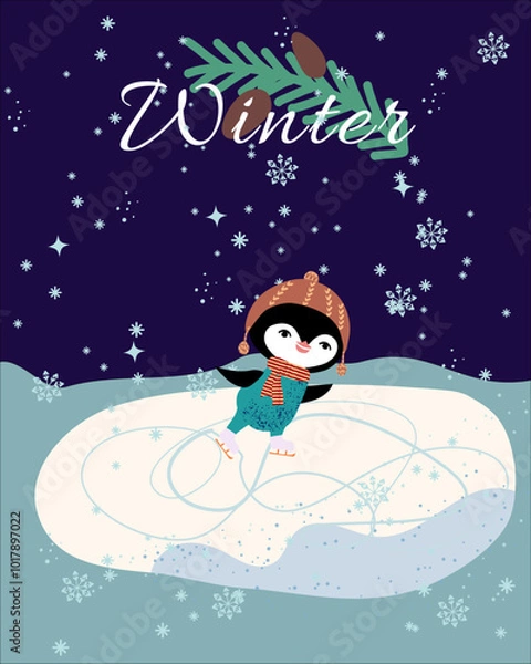 Obraz Winter card with penguin skating