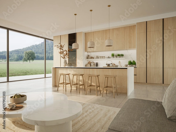 Obraz 3D illustration. This image showcases a modern, minimalist kitchen with a large kitchen island and stools, a light wood and marble design, and an open, airy feel.