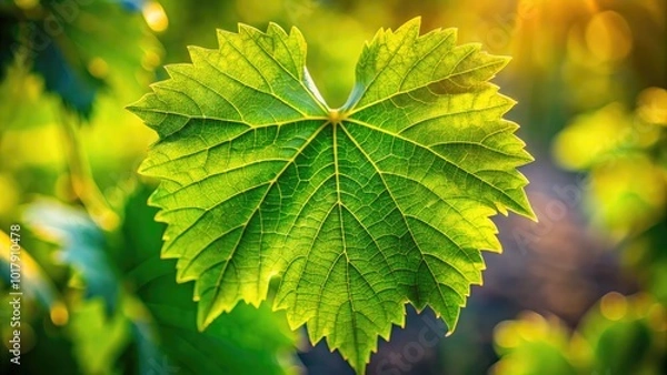 Fototapeta Lush Green Grapevine Leaf Against a Soft Focus Background in Natural Light Perfect for Organic Themes