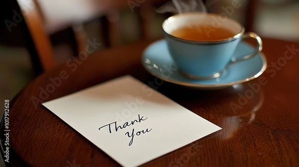 Fototapeta A cozy scene featuring a steaming cup of tea beside a handwritten thank-you note on a wooden table.