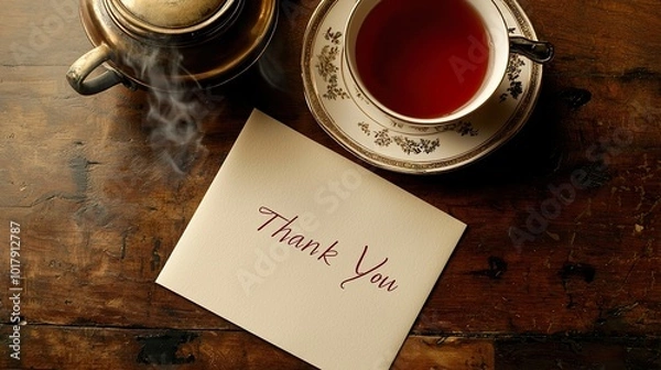 Fototapeta A cozy scene featuring a teapot, a steaming cup of tea, and a heartfelt "Thank You" note on a wooden table.