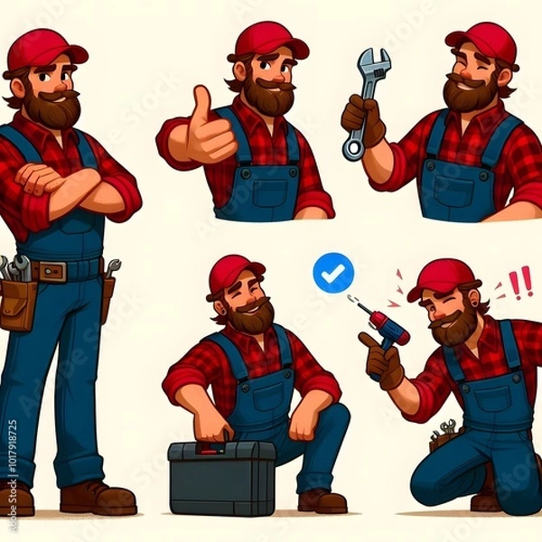 Fototapeta A cartoon-style mechanic with a thick beard, wearing a red plaid shirt, blue overalls, and a red cap. Show him in various poses: 1) standing with arms crossed and holding a wrench, 2) bending over to 