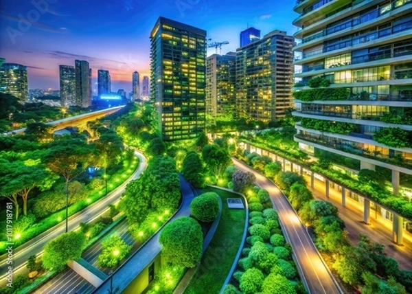 Fototapeta Lush Green Urban Landscape with Sustainable Architecture and Eco-Friendly Transportation Options