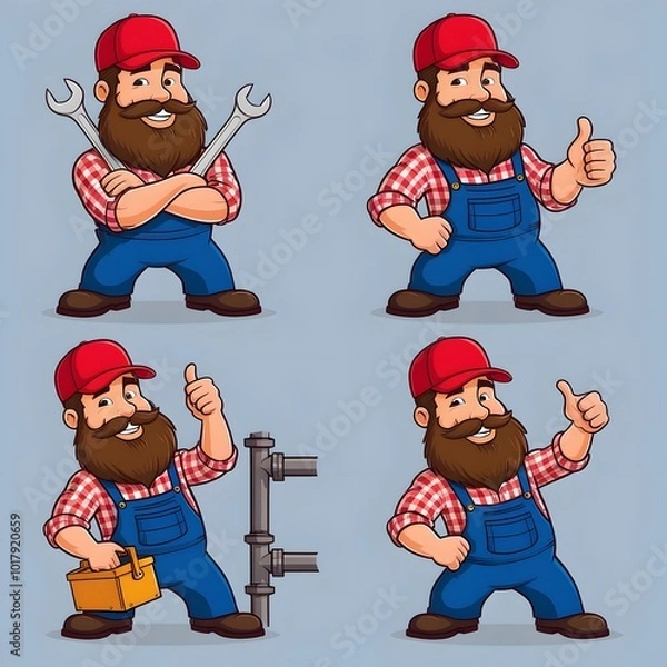 Fototapeta A cartoon-style mechanic with a thick beard, wearing a red plaid shirt, blue overalls, and a red cap. Show him in various poses: 1) standing with arms crossed and holding a wrench, 2) bending over to 