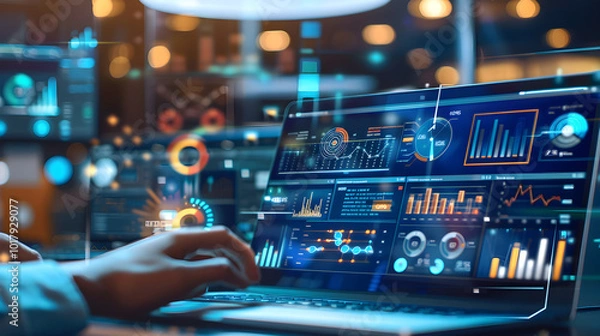 Obraz Diverse IT services illustrated on Laptop Screen with Background Office Workspace