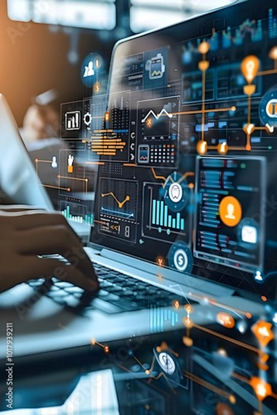 Obraz Diverse IT services illustrated on Laptop Screen with Background Office Workspace