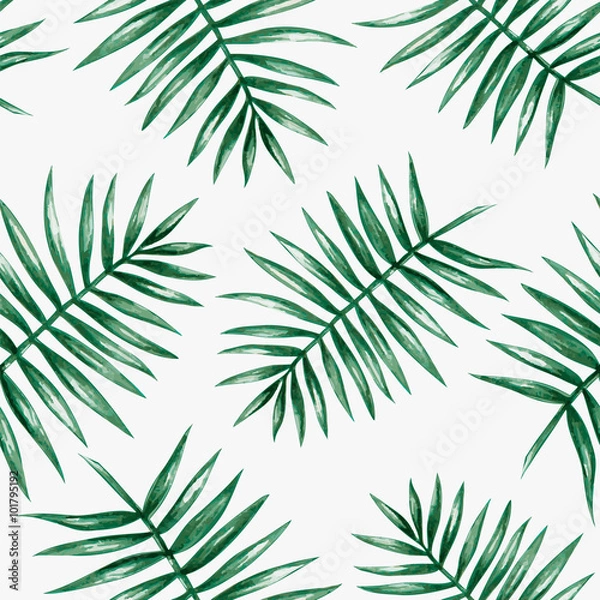 Obraz Watercolor tropical palm leaves seamless pattern. Vector illustration.