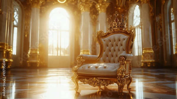 Fototapeta An Empty Royal Throne Adorned With a Magnificent Crown, Set Against the Grandeur of an Opulent Palace at Dawn