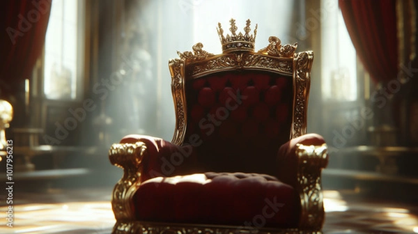 Fototapeta An Empty Royal Throne Adorned With a Crown Reflects the Grandeur of a Kingdom in a Sunlit Chamber Filled With History