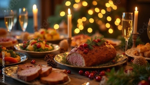 Obraz A beautifully set holiday dinner table with a roasted dish, candles, and decorative elements, surrounded by a cozy atmosphere. The image highlights warmth, celebration, and festive gatherings.