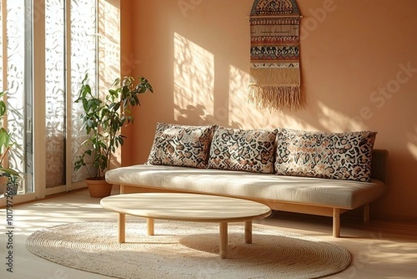 Fototapeta Minimalist, a modern japandi interior photo of a living room with orange walls and a sofa and mottled cushion where artwork hangs. Generative AI
