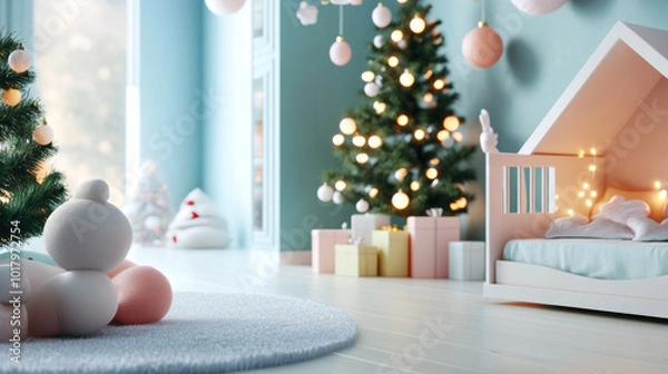 Obraz soft pastel colored nursery decorated for Christmas, featuring cozy bed, Christmas tree adorned with lights, and playful decorations. warm atmosphere evokes sense of joy and comfort