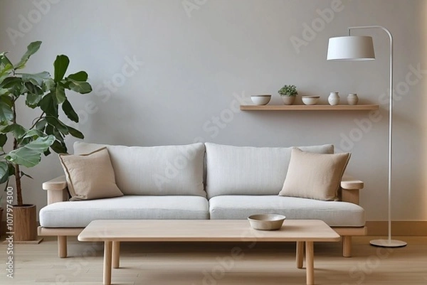 Fototapeta Minimalist, a modern japandi interior photo of a living room with wood shelves and ornaments on the wall and a sofa and table. Generative AI
