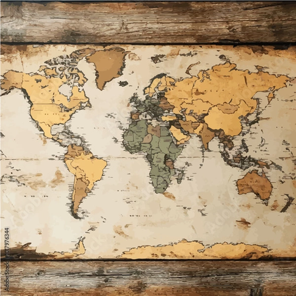 Fototapeta A vintage world map with rustic textures and a wooden frame, ideal for historical decor and geography-related designs.