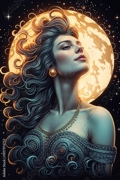 Fototapeta abstract beautiful lady in front of the moon