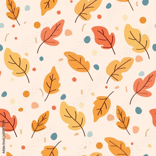 Obraz Vector seamless pattern with autumn leaves. Various yellow leaves with bubbles and spots randomly placed in the background. Flat style.