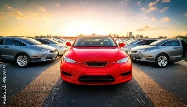 Fototapeta  Small city cars fleet. A red car in front. Choosing new car concept. 
