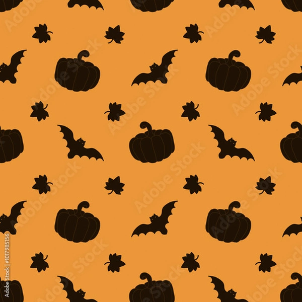 Fototapeta Black leaves, bats and pumpkins on orange background. Halloween print. Illustration with texture of paper and noise.