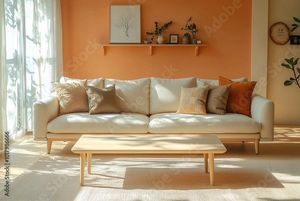 Obraz Minimalist, modern Japani interiors in the living room with light orange finished walls and sofas and tables. Generative AI
