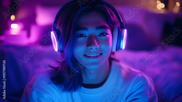 Obraz A young person with headphones smiles in a colorful, cozy setting.