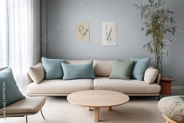 Fototapeta Minimalist, a modern Japandi interior photo of a living room with walls hanging with art frames and a sofa and table. Generative AI
