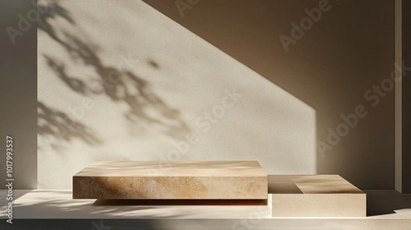 Fototapeta 3D podium bathed in golden light, emerging from darkness, creating a stunning contrast of light and shadow.