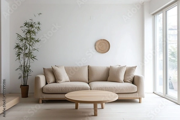 Fototapeta Minimalist, a modern Japan interior in the living room with white-finished walls and sofas and tables. Generative AI
