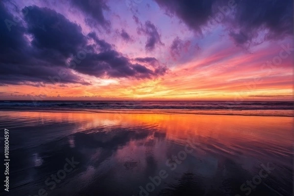 Obraz Vibrant Sunset Over Ocean with Dramatic Clouds