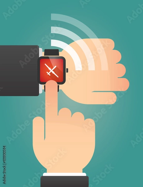 Fototapeta Hand pointing a smart watch with a war drone
