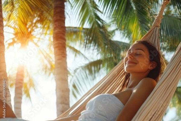 Fototapeta A serene woman enjoying relaxation in a hammock surrounded by tropical palms, basking in the warm sunlight.