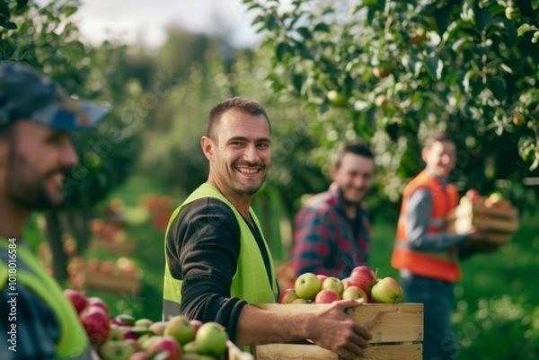 Fototapeta Smiling workers in an orchard harvest apples, surrounded by lush trees, symbolizing teamwork, agriculture, and a bountiful harvest.