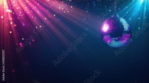 Obraz Colorful disco lights dancing off a shining disco ball, creating a dynamic party atmosphere with ample copy space.