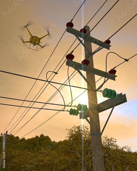 Fototapeta UAV drone surveying power lines in a forested area. Fictitious UAV; power lines silhouetted against a bright orange sunrise. Lens flare and motion blur for dramatic effect.