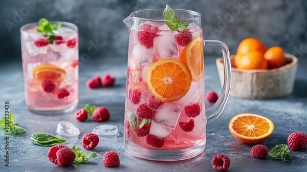 Fototapeta A pitcher of pink, red fruit-filled water and glasses filled with ice, oranges, and raspberries on the table