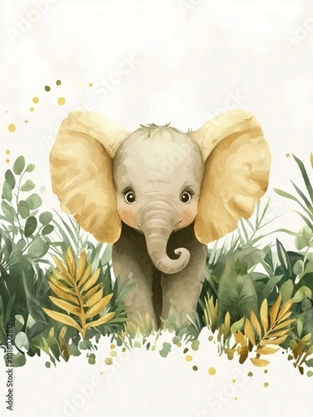Obraz A cute baby elephant emerges from lush greenery, featuring soft colors and a playful expression, creating a whimsical and heartwarming scene.