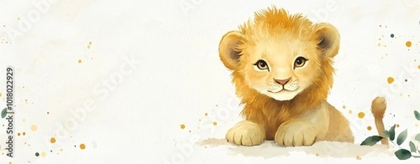Fototapeta A cute, illustrated lion cub sits playfully against a light background, evoking a sense of innocence and curiosity.