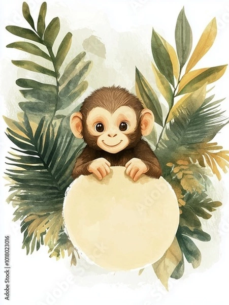 Fototapeta A playful monkey peeks from behind a large circle, surrounded by lush tropical leaves and a colorful, vibrant background.