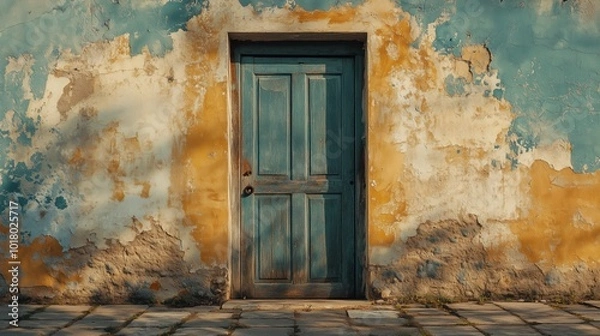 Fototapeta An old door stands in front of an aged wall with peeling paint and cracked plaster, creating the perfect backdrop for rustic designs or vintage-inspired decor
